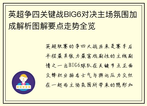 英超争四关键战BIG6对决主场氛围加成解析图解要点走势全览 英超争四关键战BIG6对决主场氛围加成解析图解要点走势全览