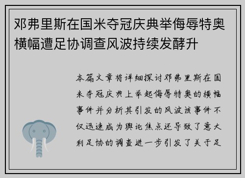 邓弗里斯在国米夺冠庆典举侮辱特奥横幅遭足协调查风波持续发酵升